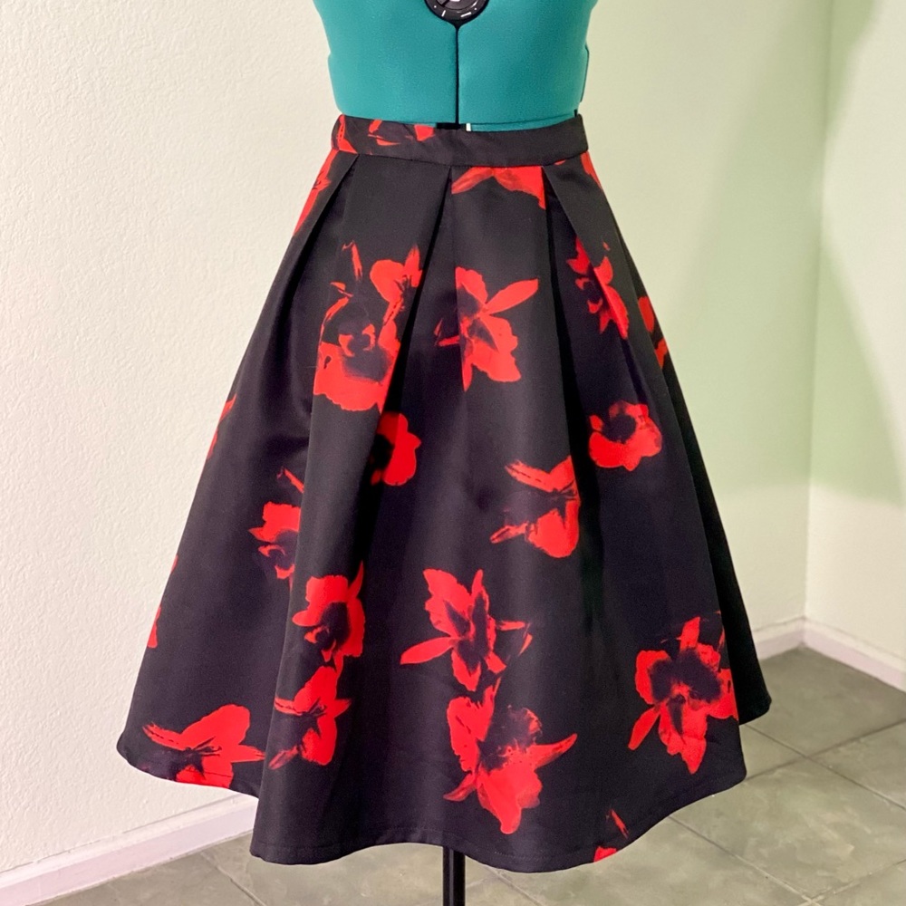 Black and red floral midi length a-line skirt